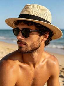 1pc Straw Fedora Hat, Breathable Wide Brim Panama Sun Hat With Black Ribbon, UV Protection Foldable Beach Hat, Unisex Summer Casual Vacation Style - Multicolor - View 3