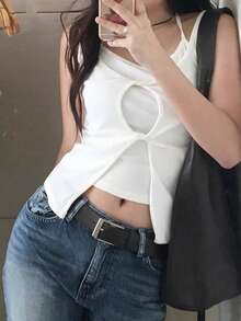 女士二合一吊带无袖扭结镂空开衩设计背心休闲白色夏季 - 白色 - 查看 4