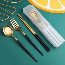3pcs Spoon Fork Chopsticks Set With Storage Box Stainless Steel Coffee Snacks Fruit Dessert Fork Spoon Kitchen Teaspoon Set - Red - View 8
