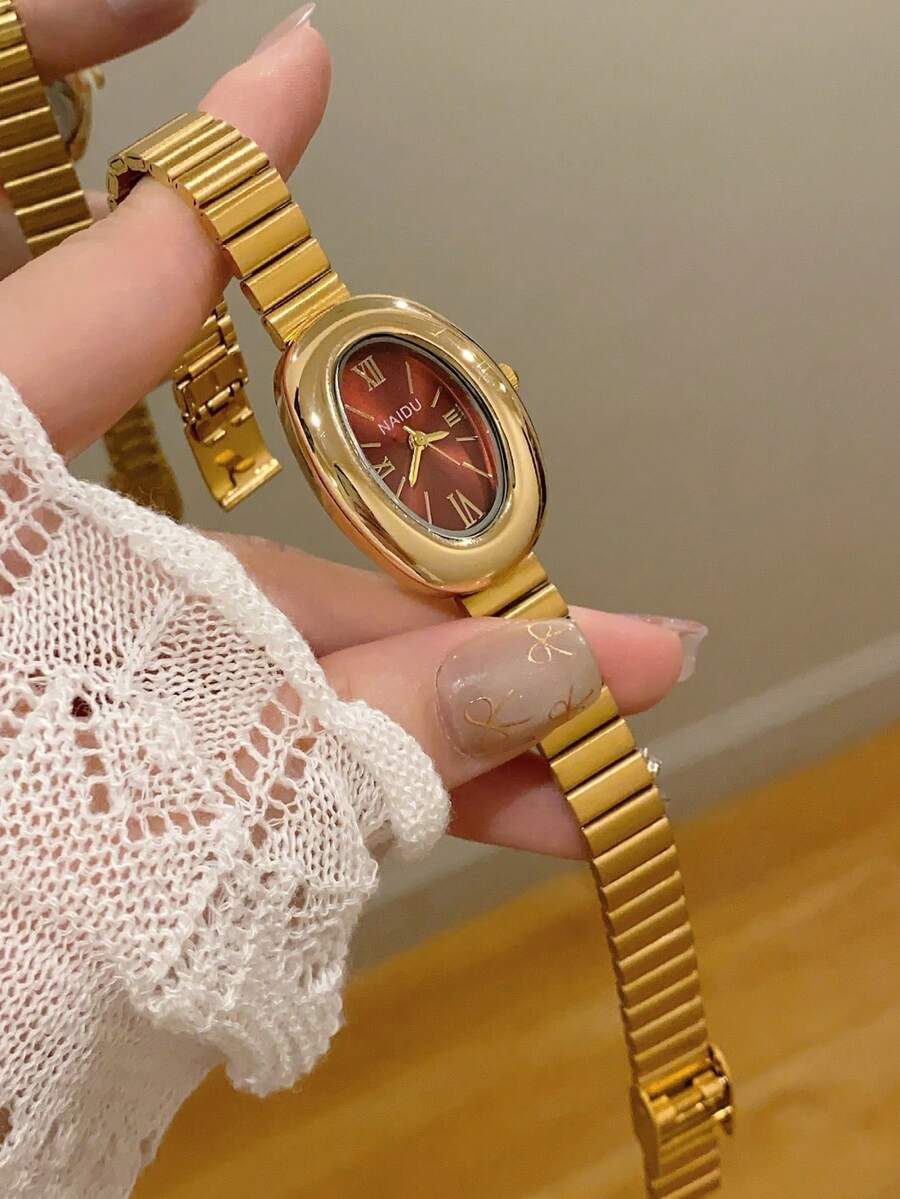 1件橢圓形竹紋錶帶女款手錶,金色可調節錶帶,優雅百搭石英腕錶,適合日常佩戴,日常禮物 - 金色 - 查看 1