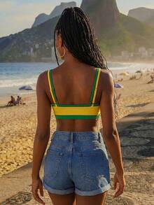 Y2k Summer Spring Outfits  Y2k Slim Fit Brazilian Printed Women Streetwear Crop Top With Two Tone Spaghetti Straps - Yellow - View 3