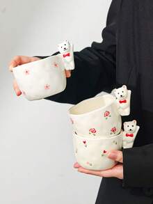 Creative Bear Handle Ceramic Mug, Hand-Painted Rose Flower Asymmetrical Hand-Molded Cup, Home Breakfast Oatmeal Coffee Water Cup, Girly Gift Cup, Souvenir Gift - Multicolor - View 2