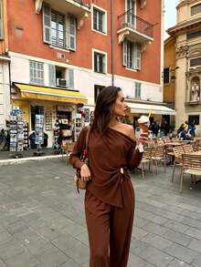 Women's Solid Color Asymmetric Neck Metal Decor Top And Pants Casual Daily Set - Brown - View 6