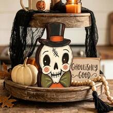 2D Flat New Vintage Halloween Indoor Wooden Block Shelf Decor, Premium Cute Ghost, Pumpkin, Black Cat, Skeleton, Witch And Owl Desktop Ornaments, Rustic Autumn Holiday Decoration, Suitable For Mantel, Desk, Shelf, Living Room, Party Setup And Housewarming Gift, No Electricity Required - A - View 10