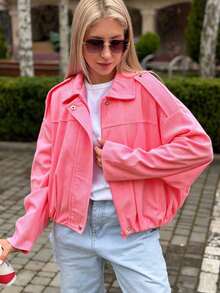 Jaket Penerbangan Wanita Warna Pink Bergaris, Bahan Poliester, Lengan Panjang, Kerah Berlipat, Panjang Standar, Potongan Longgar Kasual, Detail Patchwork - Berwarna merah muda - View 4