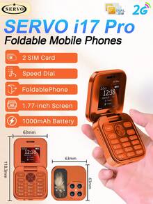 SERVO I17 Pro Mini 折疊小手機 1.77 吋螢幕 雙 SIM 卡槽 FM 收音機 2G GSM 按鍵式迷你翻蓋手機 - 金色 - 查看 1
