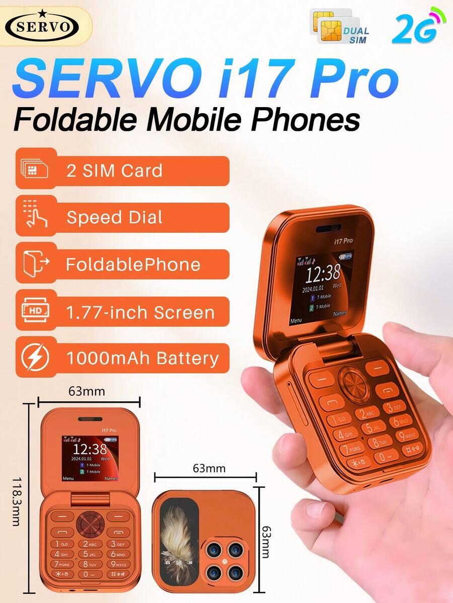 SERVO I17 Pro Mini 折疊小手機 1.77 吋螢幕 雙 SIM 卡槽 FM 收音機 2G GSM 按鍵式迷你翻蓋手機 - 金色 - 查看 1
