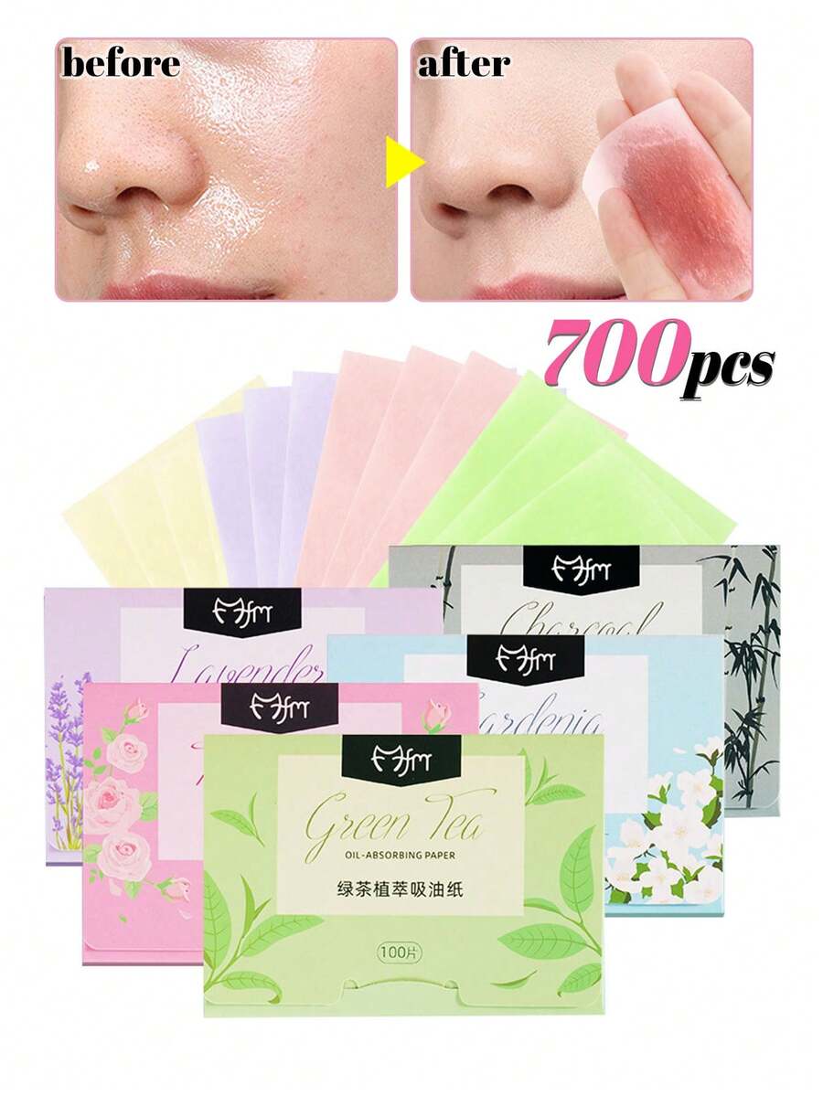 臉部吸油紙 500/100 片，便攜式吸油片，適合油性肌膚，控油、彩妝與護膚適用，適合所有膚質，無香料，控油清潔，適合學生，美容護膚 SPA 自我護理護膚工具，臉部護理，綠茶與竹炭香臉部面紙，美容師用品，肌膚清潔，油性肌膚適用化妝品