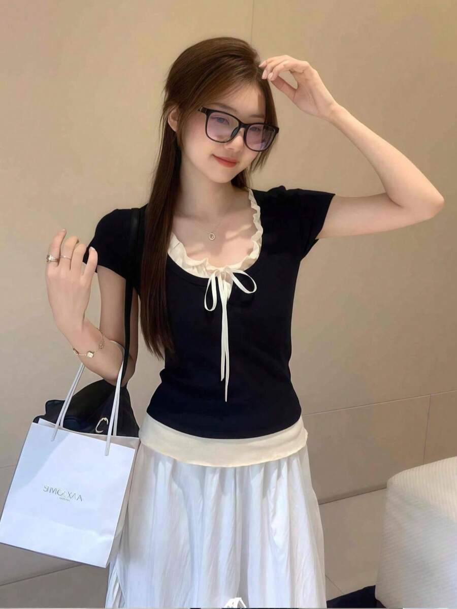 夏季紮染對比色 2 合 1 短袖 T 恤,荷葉邊修身紋理上衣,女款黑色 - 黑色 - 查看 1