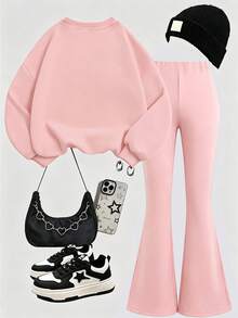 2pcs Set Girl Style Best Friend Outfit, Bow & Rabbit Print Cropped Sweatshirt + Flare Pants, Soft Casual Streetwear - Pink - View 3