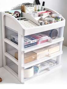 1Pieza Caja de almacenamiento de escritorio tipo cajón, organizador de escritorio de oficina, estante de almacenamiento de papelería y cosméticos, casillero - Blanco - Ver 4