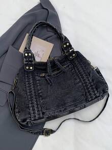 Bolso Tote de Mezclilla Lavada para Mujer con Ribete Trenzado, Remaches Metálicos, Correa Cruzada Desmontable, Gran Capacidad, Vintage Casual para Escuela, Uso Diario, Compras y Viajes - Negro - Ver 2