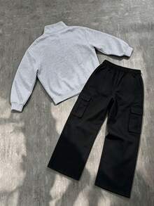 2pcs Minimalist Street Style Boys Outfit, Solid Color Mock Neck Sweatshirt + Black Cargo Pants, Soft Autumn/Winter Streetwear - Grey - View 3