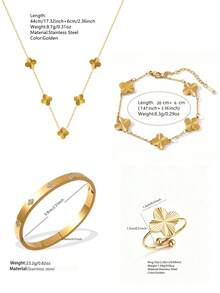 VceTd 1/3/4PCS Fashion Four-Leaf Clover Element Stainless Steel Women's Jewelry Set, Suitable For Daily Wear Or Holiday Gift - Yellow Gold - View 2
