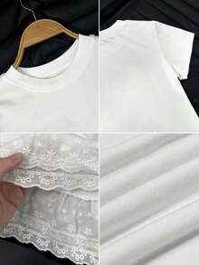 Women's Lace Patchwork Embroidered Trim Round Neck Short Sleeve T-Shirt, Summer Versatile Slimming Top - White - View 9