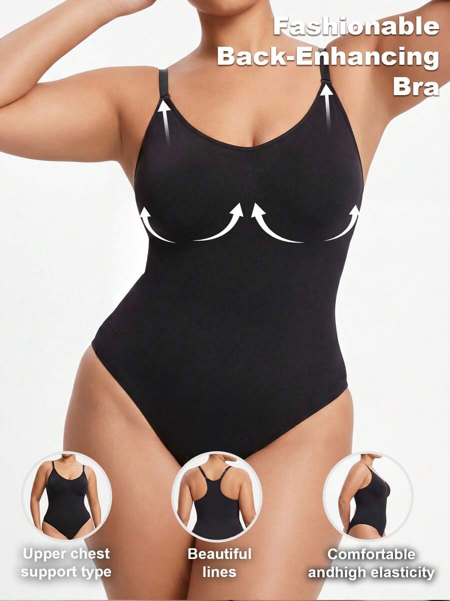Black Plus Size Bodysuit With Spaghetti Strap Neckline Back-Enhancing Knitted Fabric Sleeveless Cami Style Summer - Black - View 1