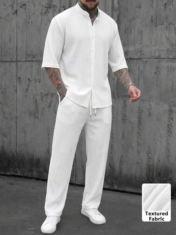 Men's Spring/Summer Lightweight Ribbed Jacquard Fabric Mid-Sleeve Stand Collar Shirt With Drawstring And Pockets, Textured Long Pants, Vacation Style 2-Piece Set. Essential For Men's Outings, Minimalist Mature Commuter Style, Vertical Texture / Pleated Texture, Beach Vacation / Daily Dating
