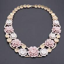 Luxury Two-Tone Floral Rhinestone Jewelry Set, Pink Flower Necklace Bracelet Earrings Ring Bridal Formal Outfit Matching Set - 4-piece Set - View 6