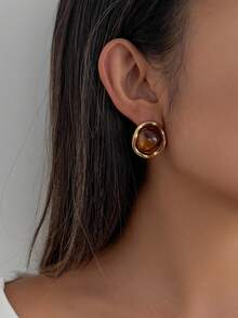 1 Pair Vintage Elegant Fashion Resin Gemstone Earrings, 18K Gold Stainless Steel Ear Studs, Suitable For Women's Daily Wear Or Party - Brown - View 2