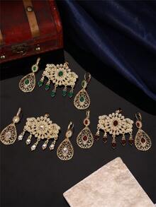 1 Set Arabic Style Women's Brooch & Earrings Jewelry Set With Rhinestones And Water Drop Pendant, Bridal Wedding Wear Jewelry Set - Multicolor - View 4