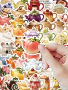 53 Pcs Cottagecore Aesthetic Teapot Sticker Set, Cute Fruit Animal Pastry Cartoon Teapot Decals, Waterproof Vinyl Stickers For Journal, Water Bottle, Laptop, Luggage, Phone Case. Teen Girls Notebook Cup Gift Scrapbook Supplies School Supplies - Multicolor - View 3