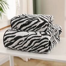 1pc/2pcs Approx. 13*30in/28*55in Thickened Zebra Stripe Coral Fleece Face Towel And Bath Towel, Super Soft, Absorbent, Quick Drying, Suitable For Swimming, Spa, Home Bathroom Shower, Back To School - Black and White - View 12