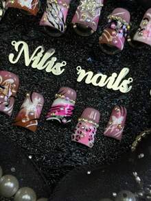 10pcs Handmade Fully Covered Short Duck Nails Press On Nails, Pink Nails, Y2K Sweet Cool Girl Style,3D Stars, Hand Drawn Zebra Pattern Geometric Lines Suitable For Party, Daily, Cosplay,Detachable And Reusable, With Nail Glue Sticker And Nail File - Pink - View 6
