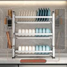 Escurridor de platos de acero inoxidable - Escurridor de platos de cocina de 2 niveles con bandeja de drenaje, soporte para tabla de cortar, soporte para utensilios - Escurridor de platos multifuncional a prueba de óxido adecuado para la encimera de la cocina del hogar - Ahorra espacio, fácil de limpiar y accesorio de cocina duradero - Plateado - Ver 3