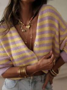 Plus Size Striped Knit Cardigan Women V‑Neck Button Front Long Sleeve Plus Size Sweater Top Casual Fall Winter Daily Street Outfit - Mauve Purple - View 5