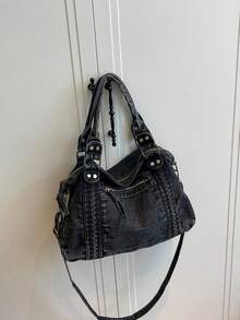 Bolso Tote de Mezclilla Lavada para Mujer con Ribete Trenzado, Remaches Metálicos, Correa Cruzada Desmontable, Gran Capacidad, Vintage Casual para Escuela, Uso Diario, Compras y Viajes - Negro - Ver 7