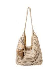 Fashionable Niche Design Hollow Woven Shoulder Bag, Multifunctional Leisure Vacation Style Armpit Bag, Simple Daily Cute Pendant Large Capacity Bag - Beige - View 6