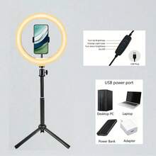 10-Inch Live Stream Fill Light With Adjustable Tripod, Makeup Light, Desktop Fill Light, Indoor Photography Face Fill Light, Phone Photography Fill Light With Stand, Large Size 3-Color Multi-Level Adjustable 10-Inch Fill Light + 3-Speed Tripod, Portable And Retractable, Suitable For Various Party Shooting And Recording - Black - View 2