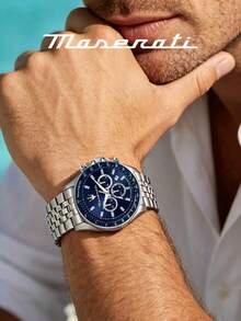 Maserati 經典三叉戟標誌奢華運動手錶 防刮礦物玻璃 摺疊扣 日常辦公配件 R8873640025 - 銀色 - 查看 2