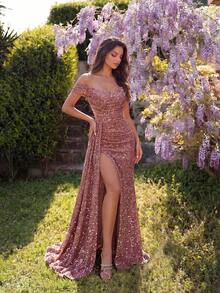 Off-The-Shoulder Ruched Split Thigh Sequin Cocktail Party Long Prom Dress With Long Ribbon For Date Night And Ball - Dusty Pink - View 7