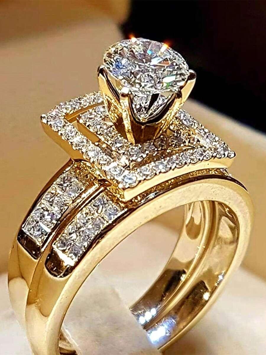 2件組時尚立方鋯石戒指套組，女款婚禮訂婚派對珠寶，情人節禮物
