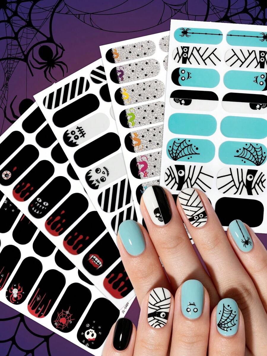 5Pcs Halloween Luminous Nail Wraps,Fun Cartoon Glow In The Dark Self-Adhesive Nail Stickers, Easy To Apply, Perfect For Women's Holiday Party And Halloween DIY Nail Art Stickers. - Multicolor - View 1
