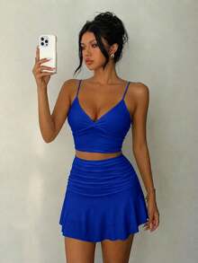 Cross-Border Hot-Selling Women's 2 Pieces Set, Bodycon Mini Skirt, Spaghetti Strap Set Summer Elegant - Blue - View 2