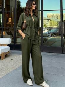 Women's Solid Color Long Sleeve Lapel Drawstring Design Casual Loose Top + Elastic Waist Wide Leg Pants, Women's Autumn Clothing, Back To School Season - Army Green - View 4