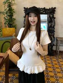Women's Lace Patchwork Embroidered Trim Round Neck Short Sleeve T-Shirt, Summer Versatile Slimming Top - White - View 2