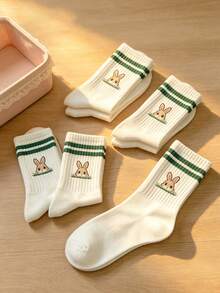 5 Pairs Men's Cute Rabbit Jacquard Cartoon Pattern Mid-Calf Socks, Contrast Stripe Design, Versatile Socks For Daily Wear - Multicolor - View 3