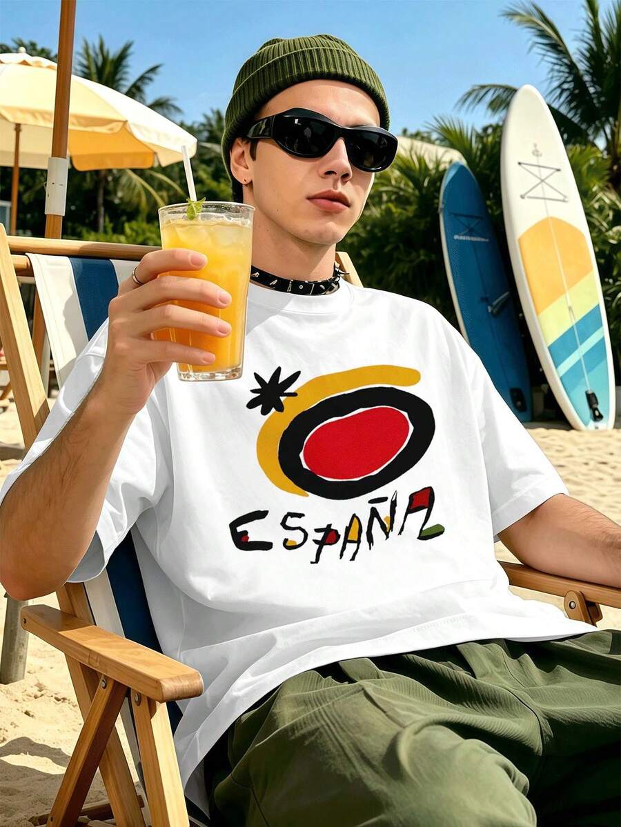 Men's Summer T-Shirt With A Graphic Print Of Spain, White. Quality Fabric, Loose And Comfortable Fit, Urban Hip-Hop Style. Graphic Design. - White - View 1