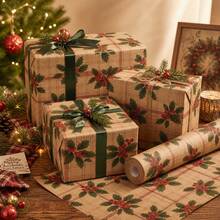 1pc Vintage Holly Berry & Red Plaid Christmas Wrapping Paper Roll, Kraft Paper Gift Wrapping Paper, Rustic Style Christmas Wrapping Paper, Farmhouse Decor, For Gift Wrapping (17in X 197in) - Christmas Wrapping Paper - View 7