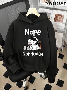 No, Not Today; Snoopy Drinking Snoopy Cartoon Pattern Round Neck Basic Daily Wear Essential - Black - View 1