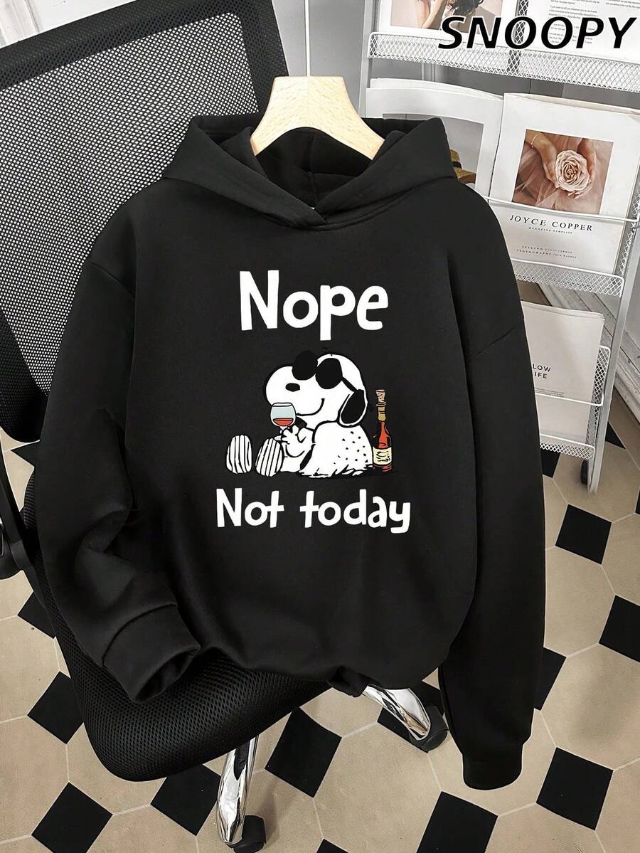 No, Not Today; Snoopy Drinking Snoopy Cartoon Pattern Round Neck Basic Daily Wear Essential - Black - View 1