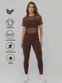 Women's 3-Piece Gym Set | Padded Top + Leggings + Tulle Blouse – Comfort & Elegance, Stylish And Transparency-Free Women's Gym Outfit - 鏽棕色 - 查看 2