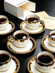6 Sets / 1 Set 90ml (Approx. 3oz) French Luxury Pearl Edge Gold Brushed Cup And Saucer Set, With Gold Rim Matching Base, Minimalist Aesthetic Drinkware Suitable For Home Cafe Use, Italian Espresso Cup For Afternoon Tea, Mother's Day Gift, Graduation Gift, Summer Kitchen Essential, Birthday Decoration, Kitchen - Multicolor - View 4