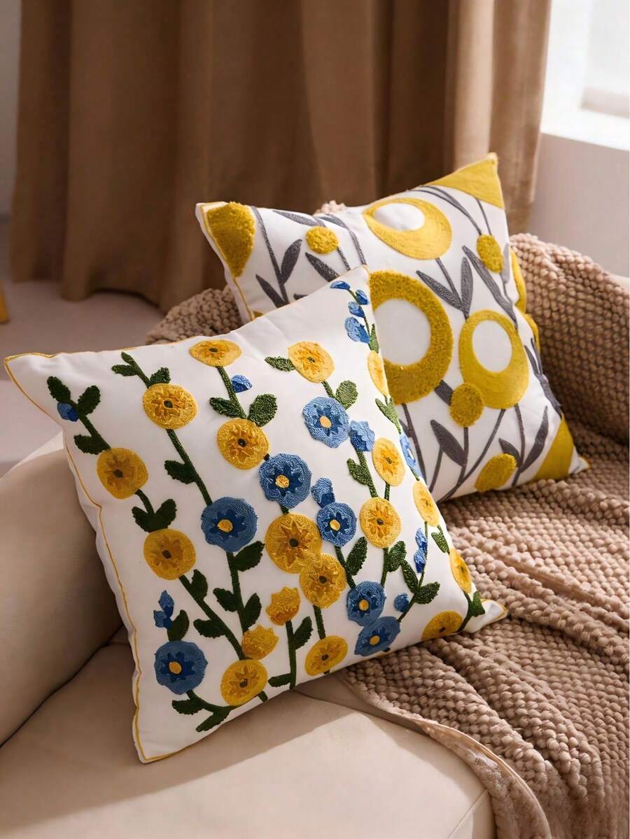 1 Set Vibrant Floral Embroidered Canvas Pillow Case, Towel Embroidery, Machine Washable, Exquisite Embroidery, Zipper Closure, Suitable For Sofa And Bed, Home Decor, Room Decor And Bedroom Decor, No Filling Included