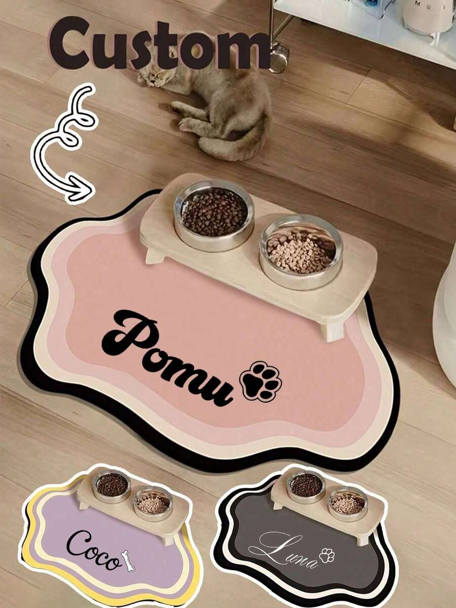 1pc Customized Pet Feeding Mat - Personalized Name Quick Dry Absorbent Non-Slip Dog Bowl Mat, Cat Food Pad, Indoor Floor Mat, Size 30x40cm - Multicolor - View 1