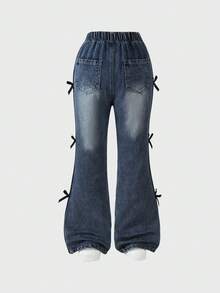 Celana Jeans Denim Model Lebar untuk Anak Perempuan dengan Detail Pita Hitam, Gaya Y2K, Pinggang Elastis, Pakaian Musim Gugur/Musim Dingin - Dark Wash - View 2