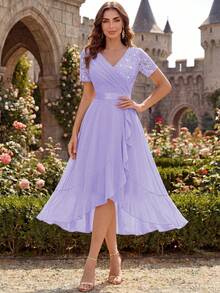 MIUSOL Rok Panjang Elegan Model Ball Party dengan Leher V, Hiasan Payet, Renda, Patchwork, dan Bahan Chiffon, Cocok untuk Tamu Pernikahan, Makan Malam, dan Acara Musim Panas. - Mauve Purple - View 3